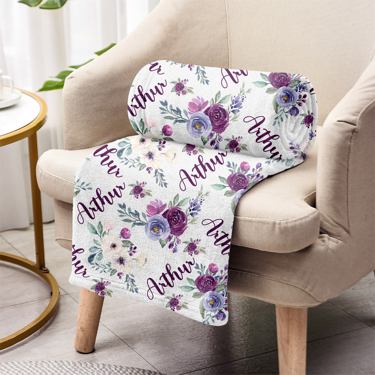 Custom Name Purple Flowers - Personalized Kid Blanket