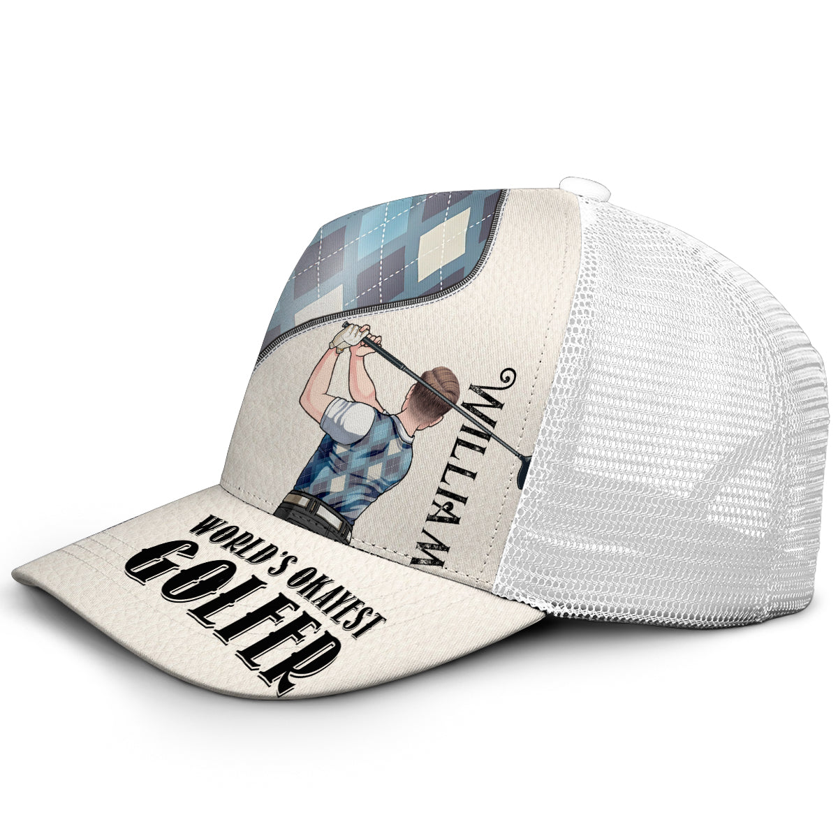 World's Okayest Golfer - Personalized Golf Trucker Hat (White Mesh)