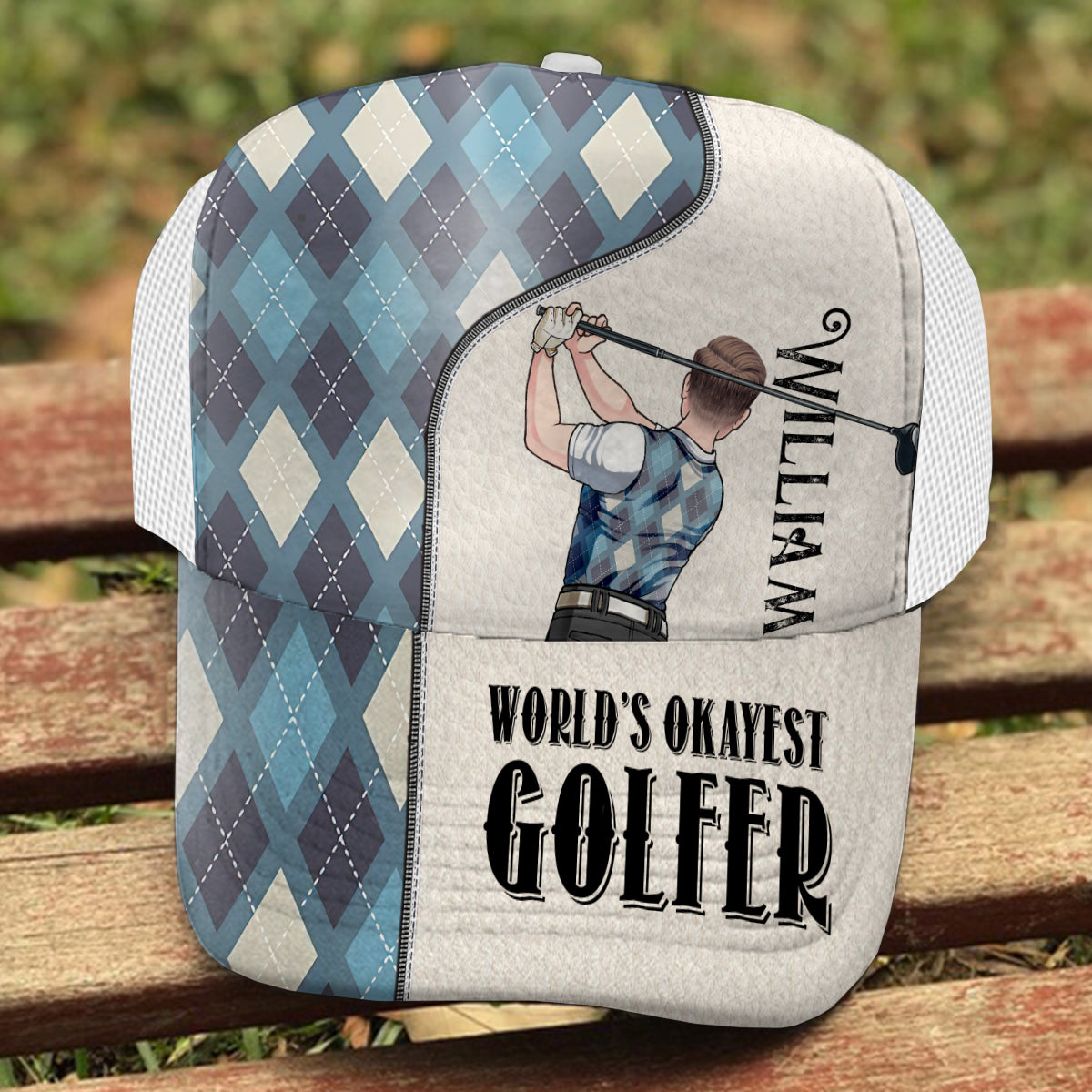 World's Okayest Golfer - Personalized Golf Trucker Hat (White Mesh)