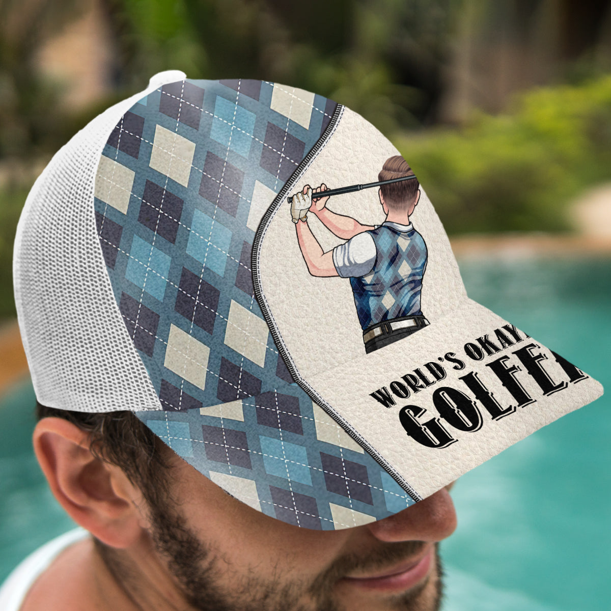 World's Okayest Golfer - Personalized Golf Trucker Hat (White Mesh)