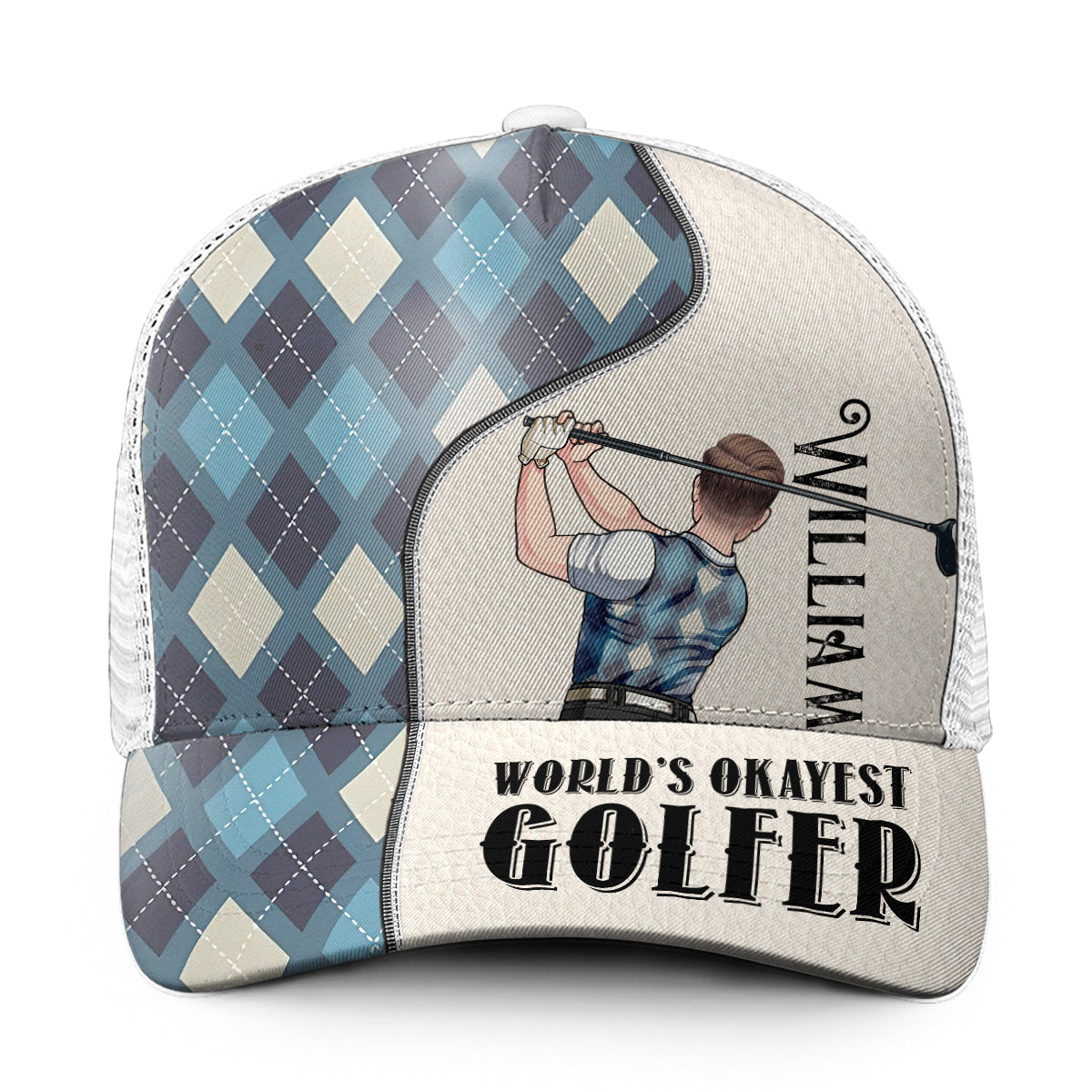 World's Okayest Golfer - Personalized Golf Trucker Hat (White Mesh)