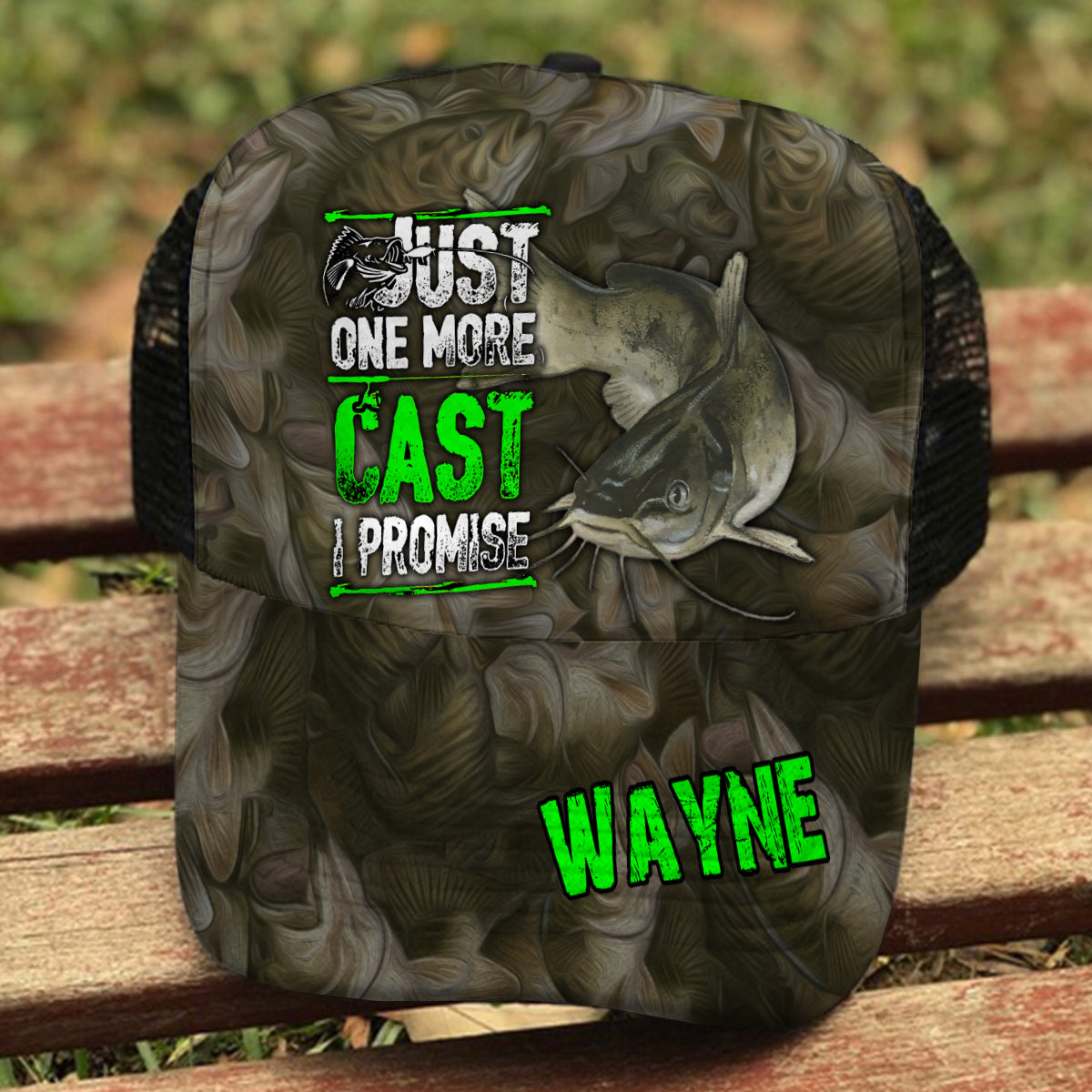 Just One More Cast - Personalized Fishing Trucker Hat (Black Mesh)