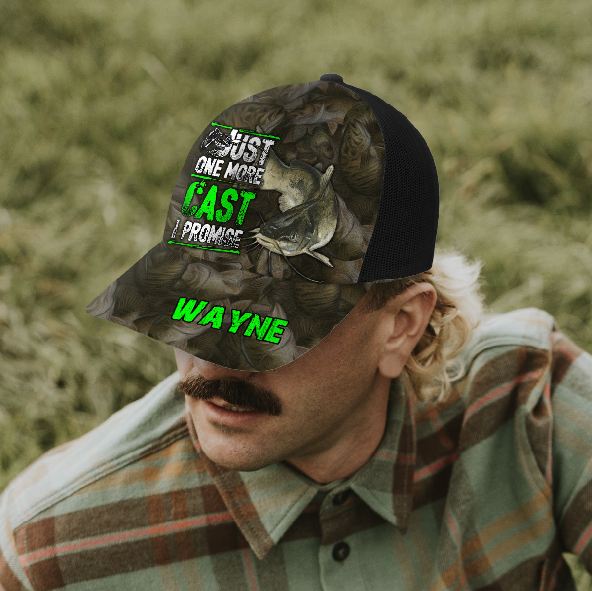 Just One More Cast - Personalized Fishing Trucker Hat (Black Mesh)