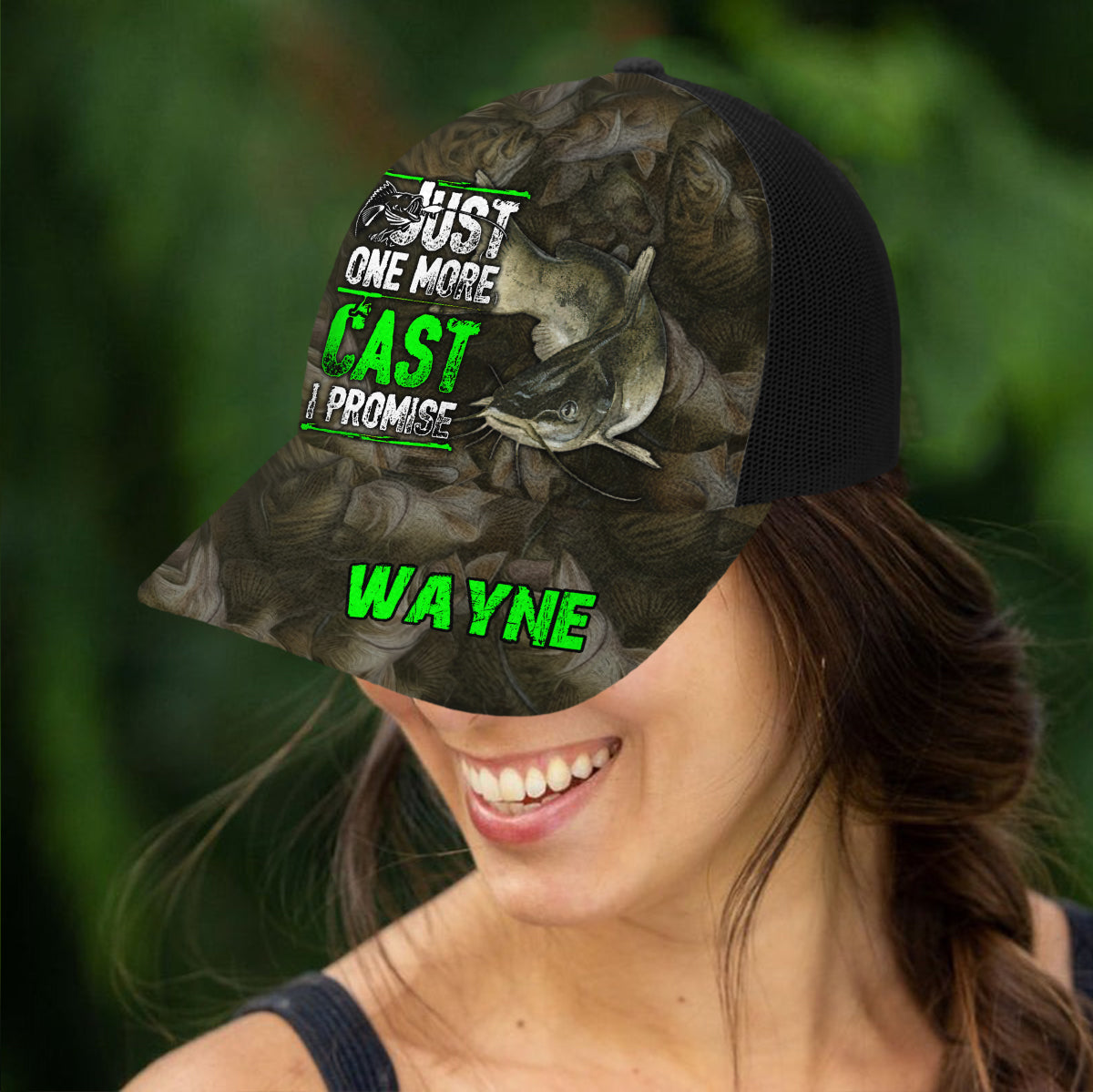 Just One More Cast - Personalized Fishing Trucker Hat (Black Mesh)