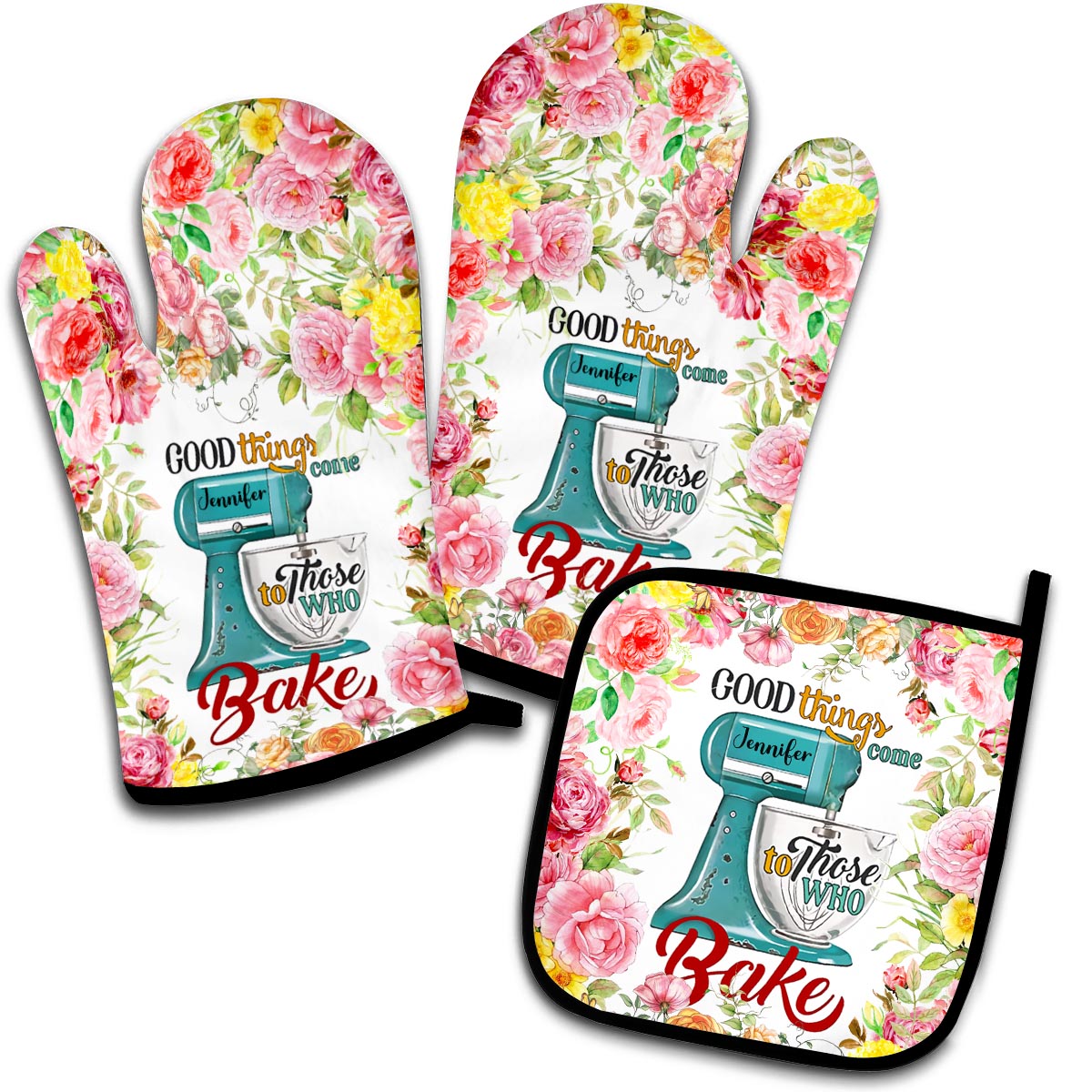 Love Baking - Personalized Baking Oven Mitts & Pot Holder Set
