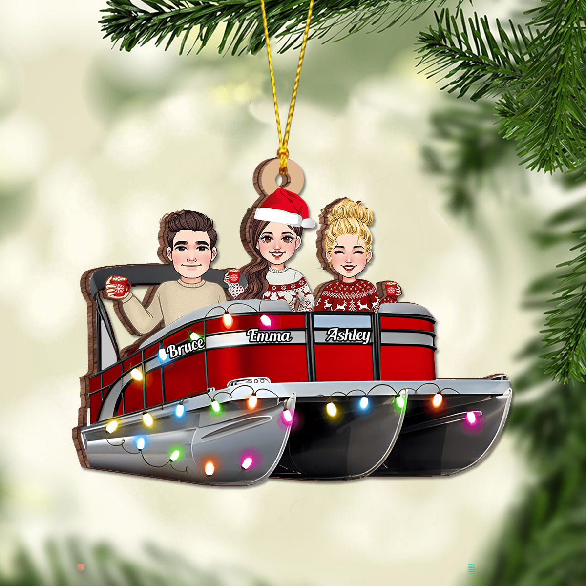 Christmas Light Pontoon Boat - Personalized Pontoon Ornament