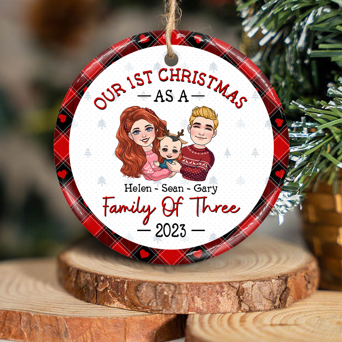 1St Christmas As Family Of Three - Gift for Newborn - Personalized Ceramic Circle Ornament