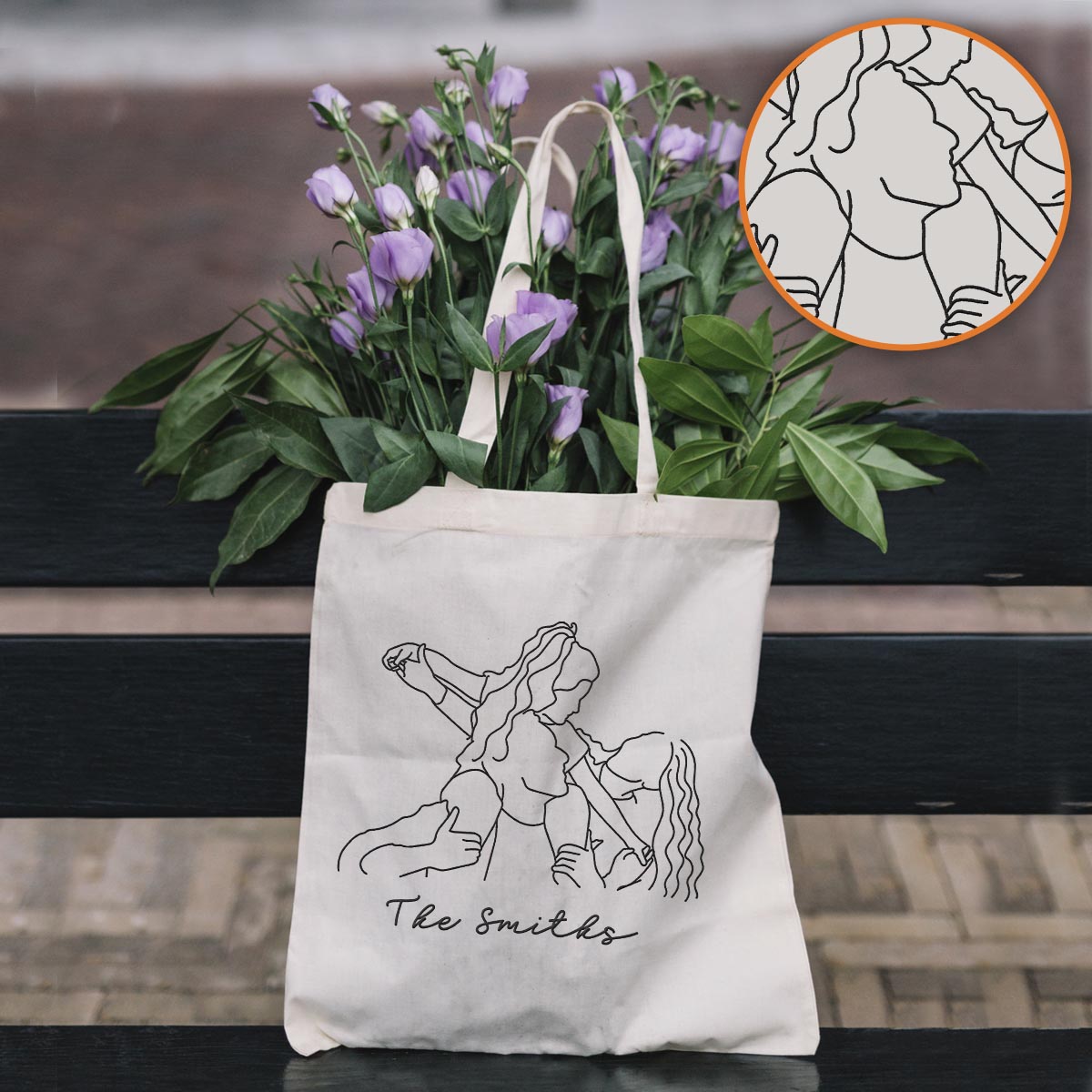 Custom Photo Line Art - Personalized Family Embroidered Tote Bag