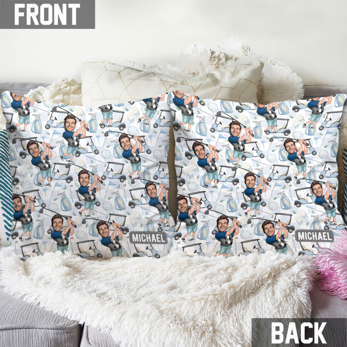 Photo Inserted Funny Golfer - Personalized Golf Throw Pillow