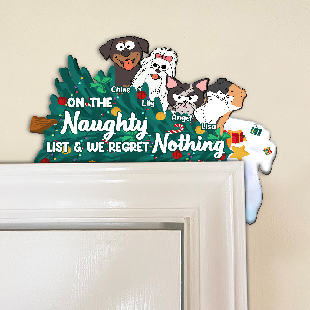 On The Naughty List And We Regret Nothing - Personalized Cat Door Frame Decoration