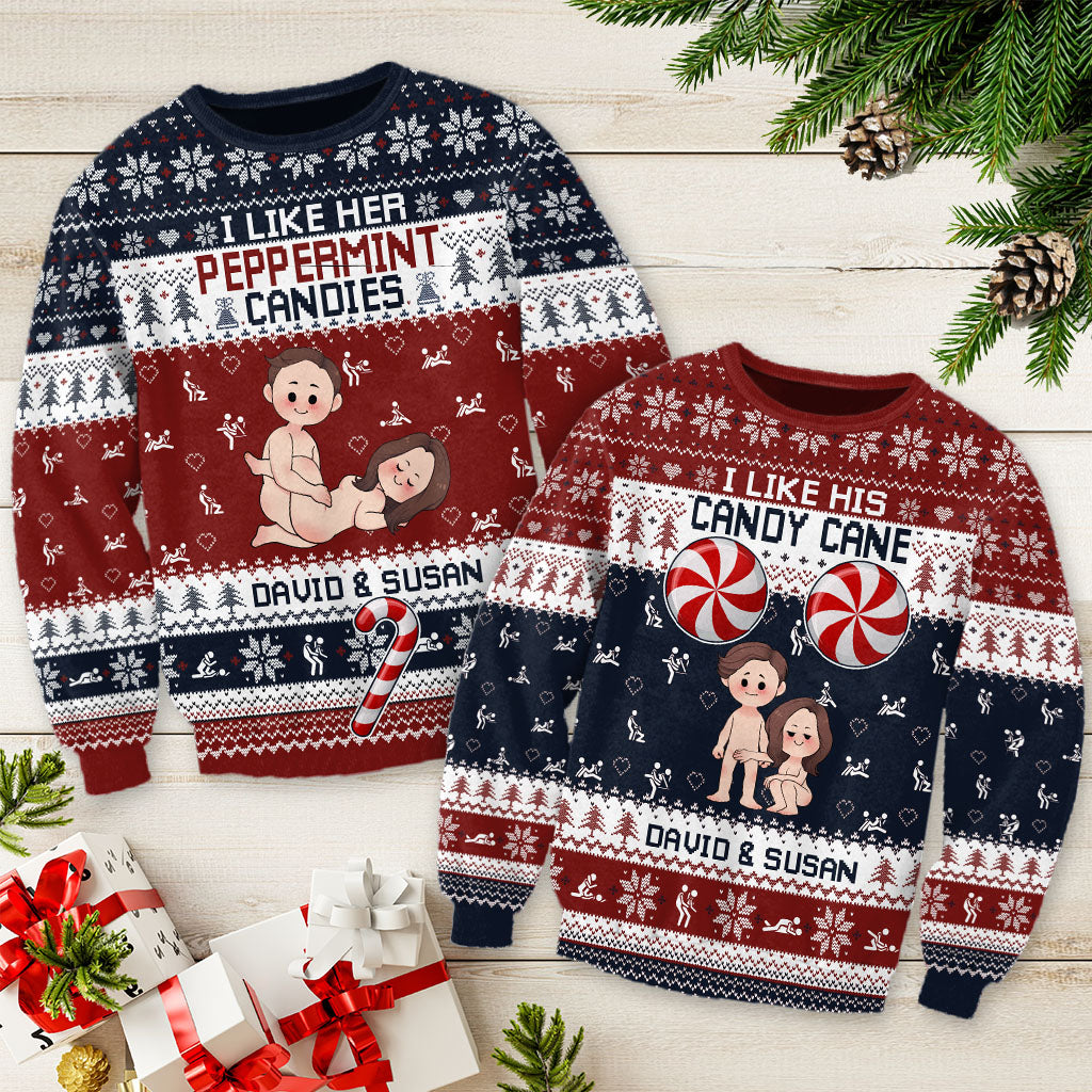 I Like Her Peppermint Candies His Candy Cane - Personalized Couple Ugly Sweater