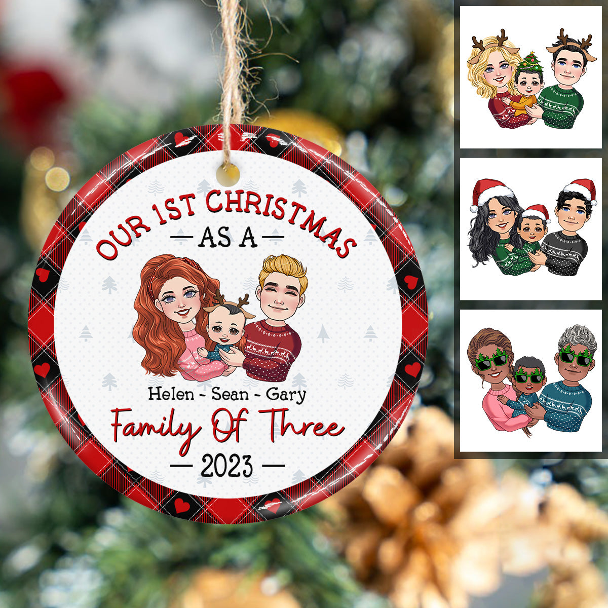 1St Christmas As Family Of Three - Gift for Newborn - Personalized Ceramic Circle Ornament