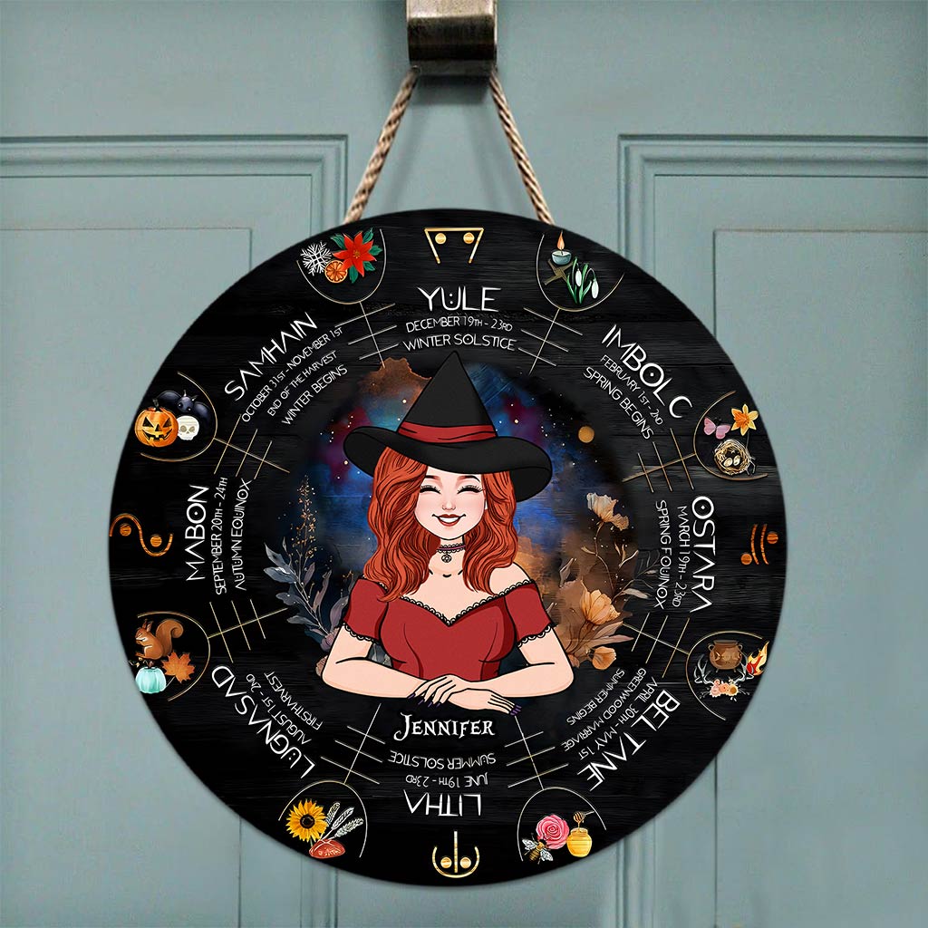 Wheel Of The Year - Personalized Witch Round Wood Sign