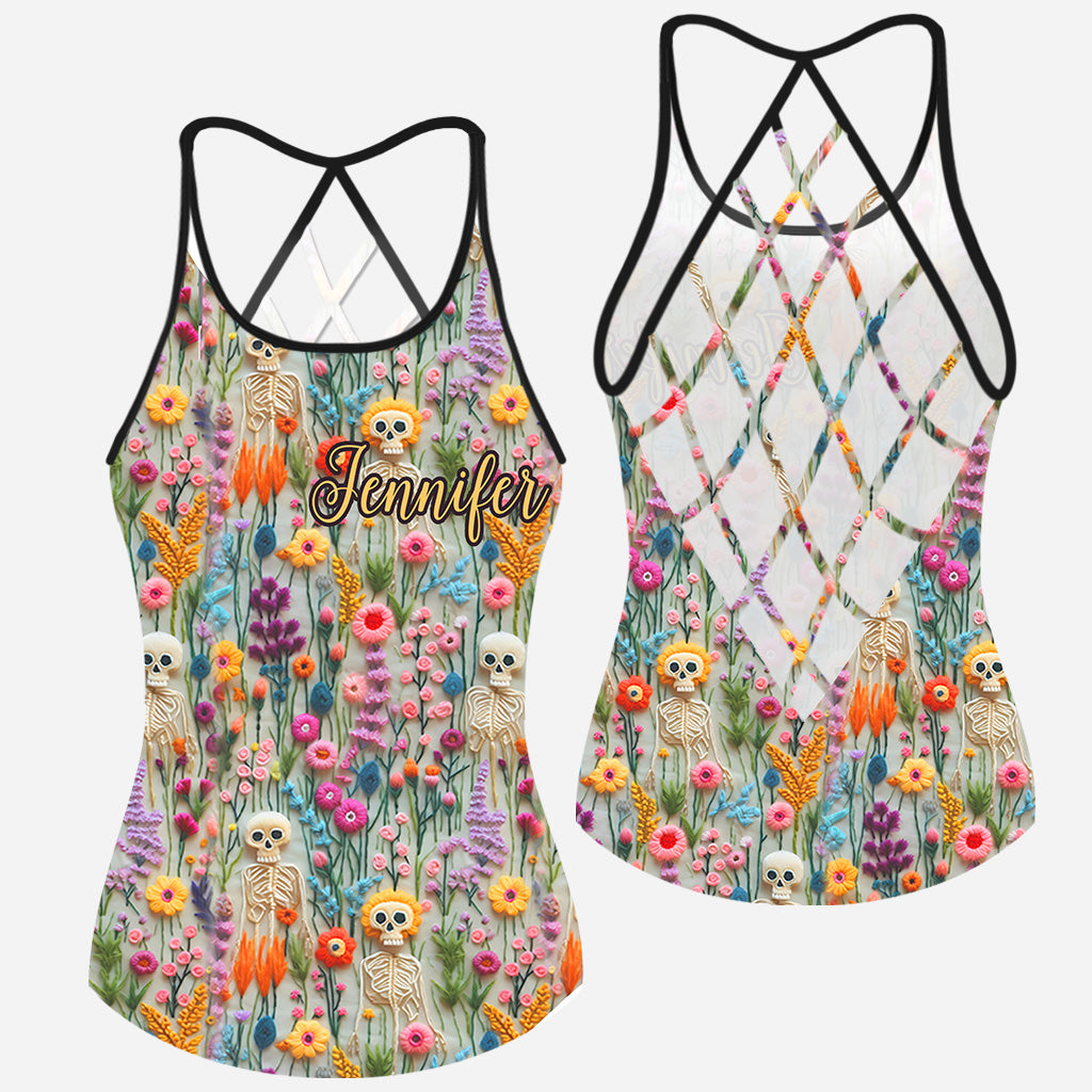 Floral Skeleton - Personalized Skull Cross Tank Top