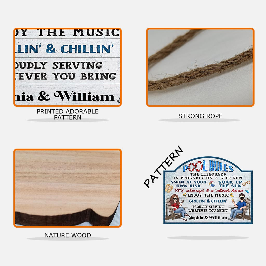 Pool Rules Swim At Your Own Risk - Personalized Backyard Wood Sign