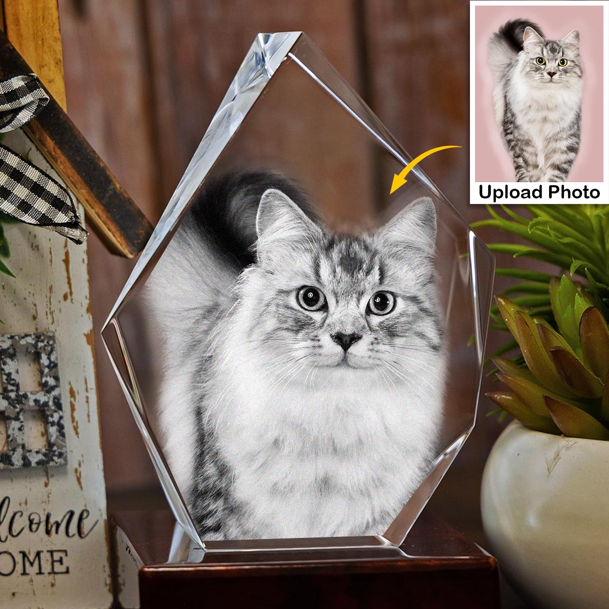 Custom Photo - Personalized Cat Laser Engraving 3D Iceberg Shaped Crystal Lamp