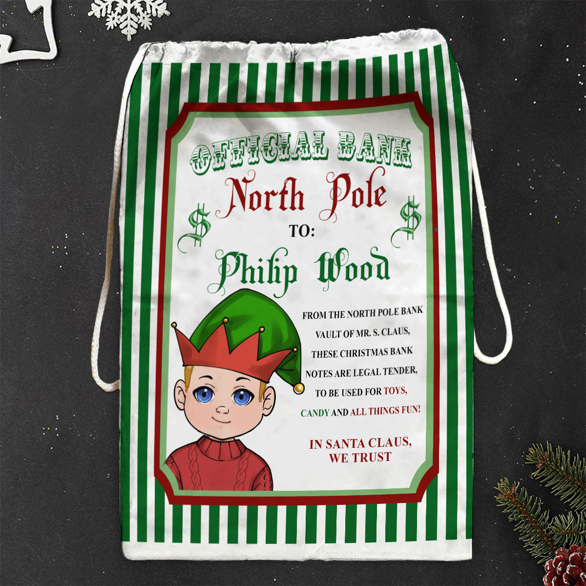 Official Bank North Pole - Personalized grandson Drawstring Tote Bag