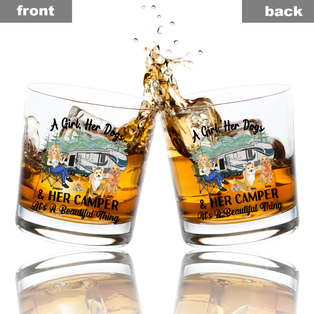 A Girl Her Dog And Her Camper - Camping gift for dog lover - Personalized Rock Glass