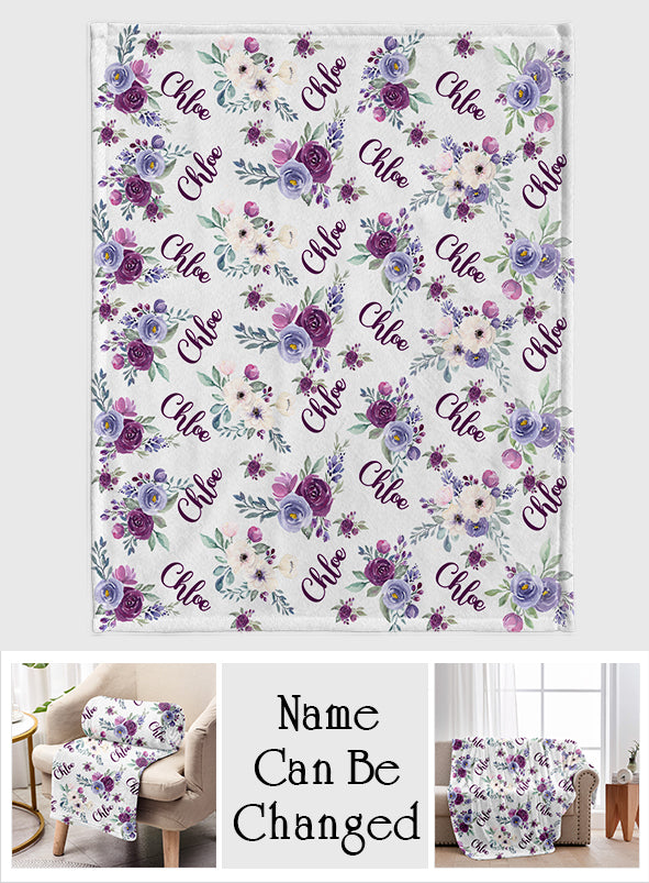 Custom Dog Name Purple Flowers - Personalized Dog Blanket