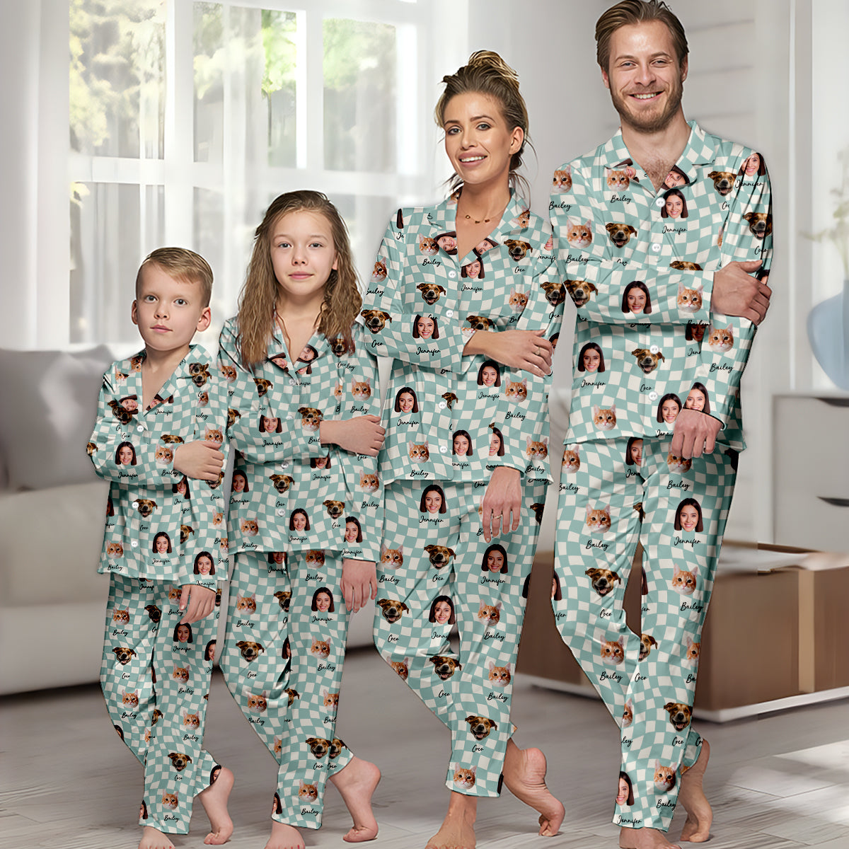 Any Photo Upload On Plaid Pattern With Many Background Color - Personalized Cat Button Down Pajamas