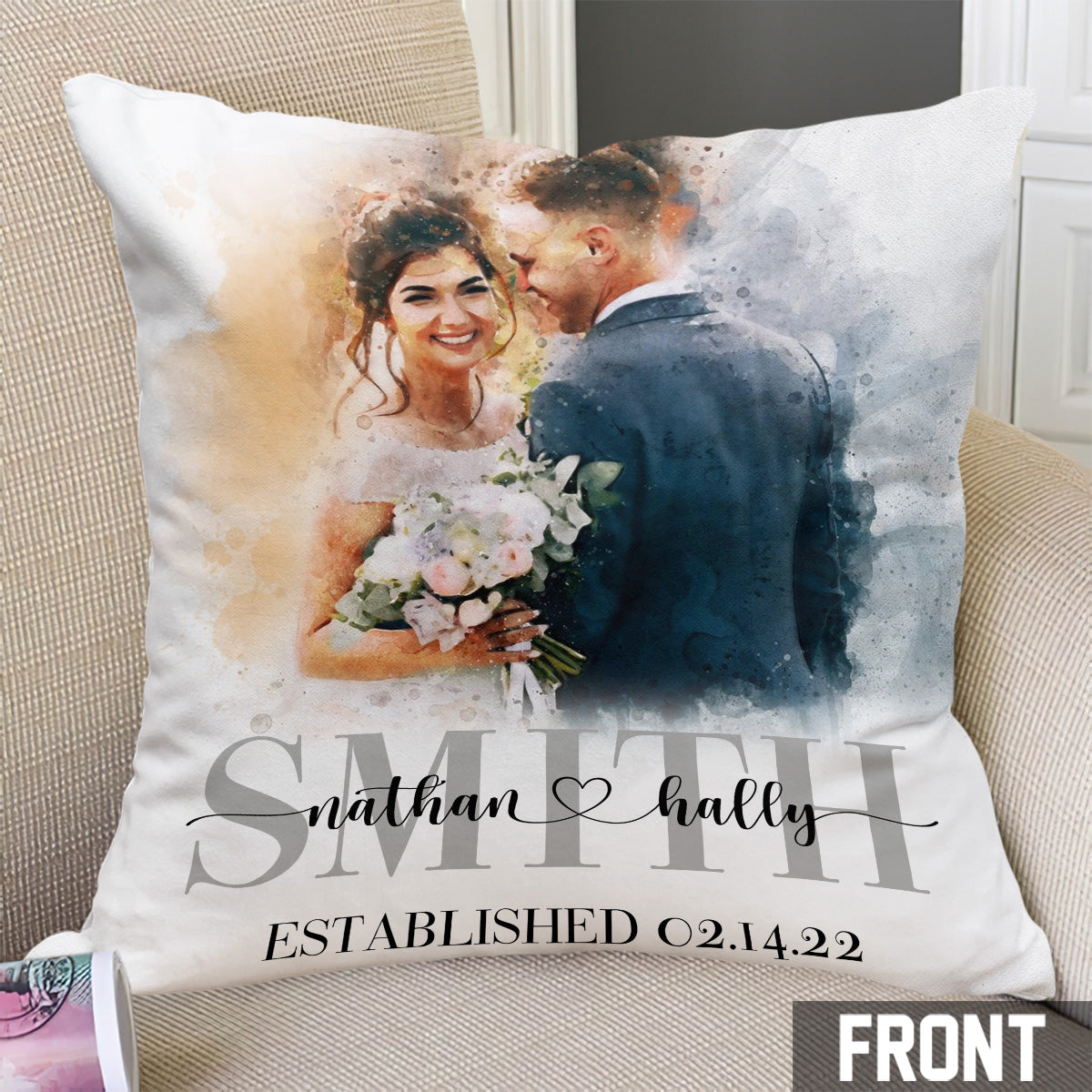 Custom Watercolor Painting Wedding Gift - Personalized wedding Throw Pillow