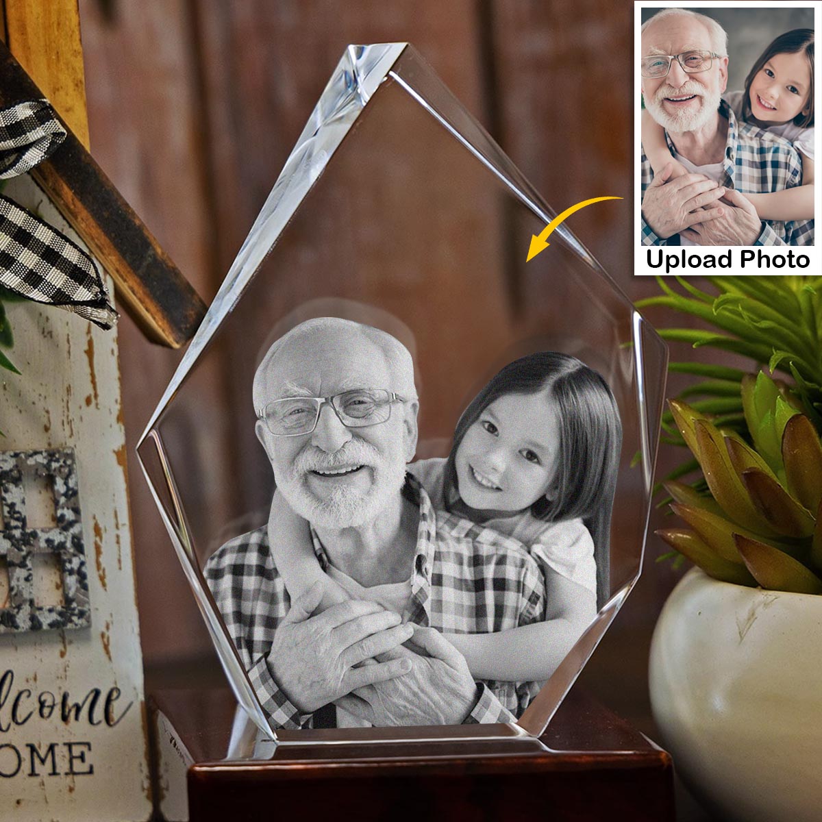 Custom Photo - Personalized Grandpa Laser Engraving 3D Iceberg Shaped Crystal Lamp