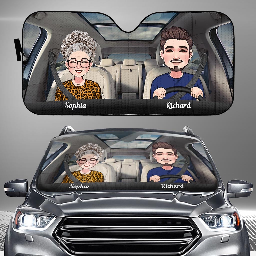 Adventure Awaits - Husband And Wife gift for wife, husband, girlfriend, boyfriend, mom, dad - Personalized Car Sunshade