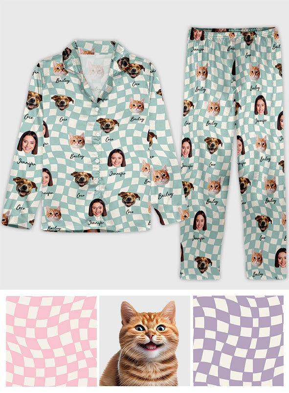 Any Photo Upload On Plaid Pattern With Many Background Color - Personalized Cat Button Down Pajamas