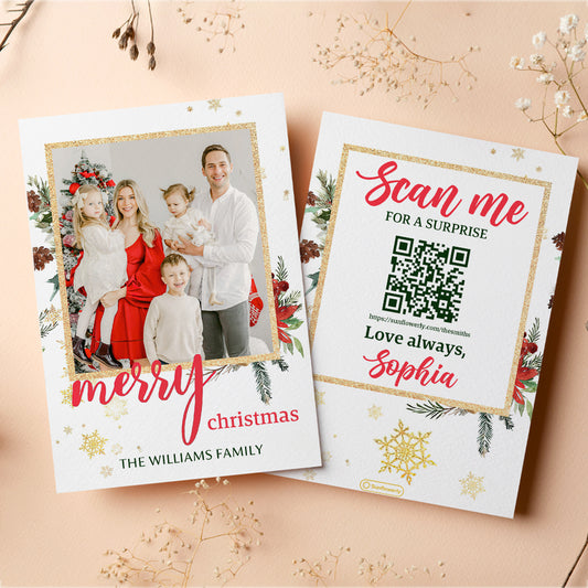 Merry Christmas Gold Glitter - Personalized QR Greeting Card