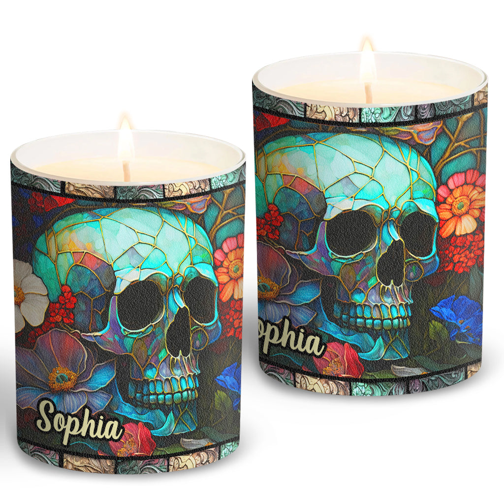 Floral Skull - Personalized Skull Candle With Wooden Lid