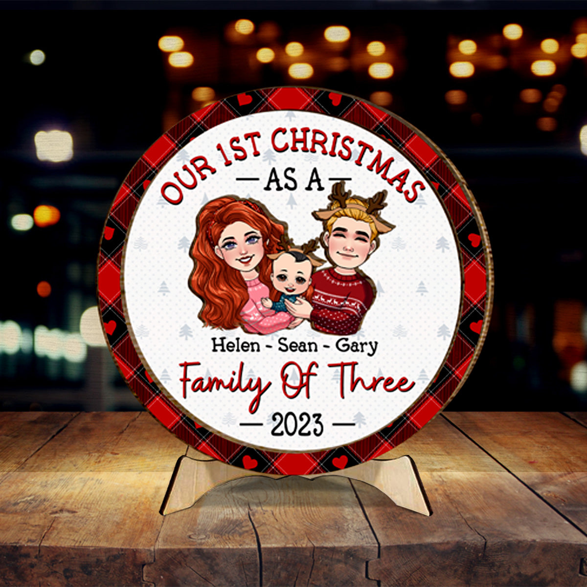 1St Christmas As Family Of Three - Gift for Newborn - Personalized 2 Layered Wood Sign / Wood Plaque