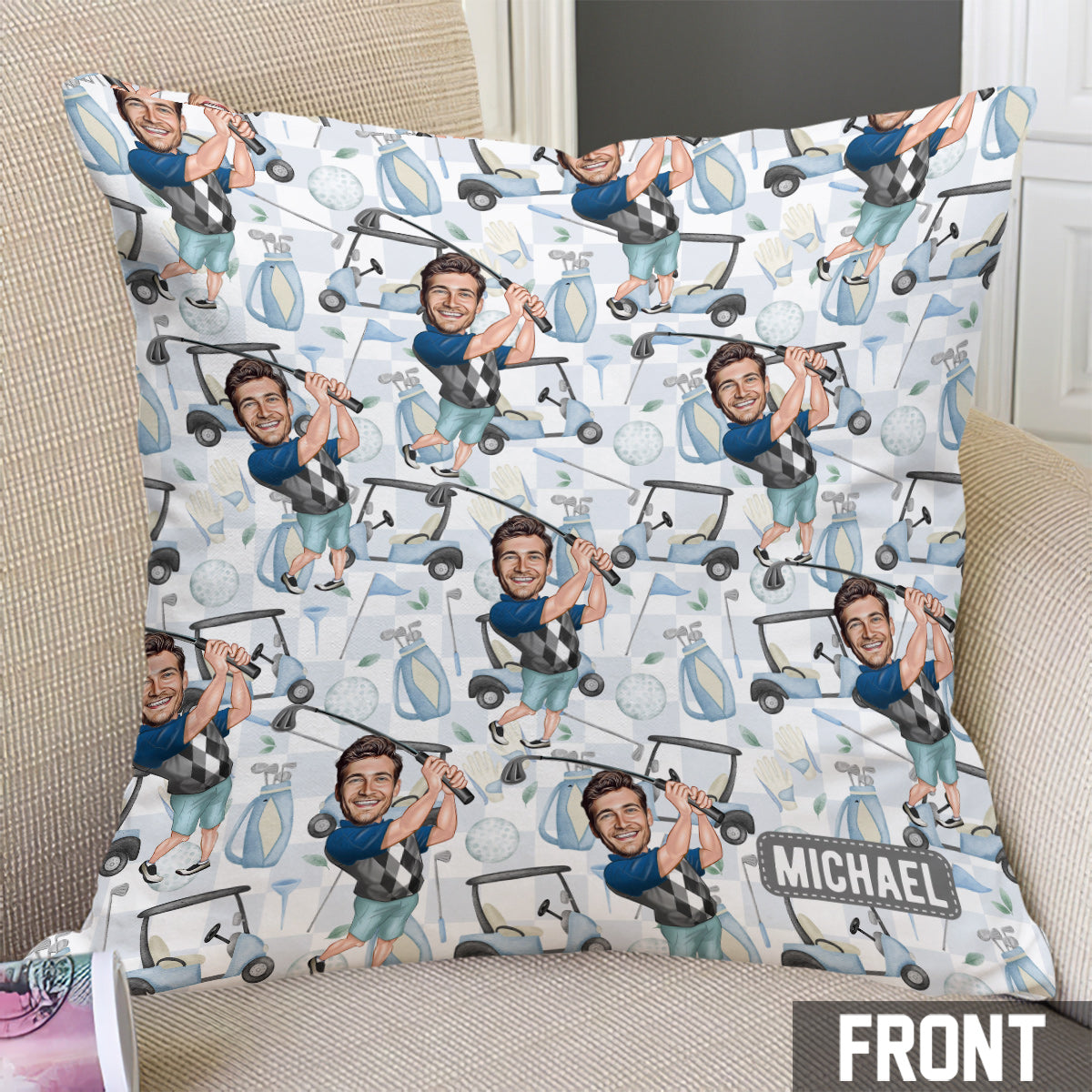 Photo Inserted Funny Golfer - Personalized Golf Throw Pillow