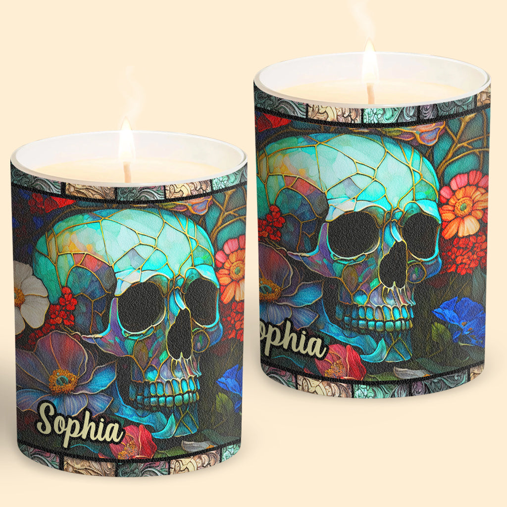 Floral Skull - Personalized Skull Candle With Wooden Lid
