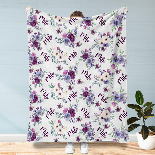 Custom Cat Name Purple Flowers - Personalized Cat Blanket