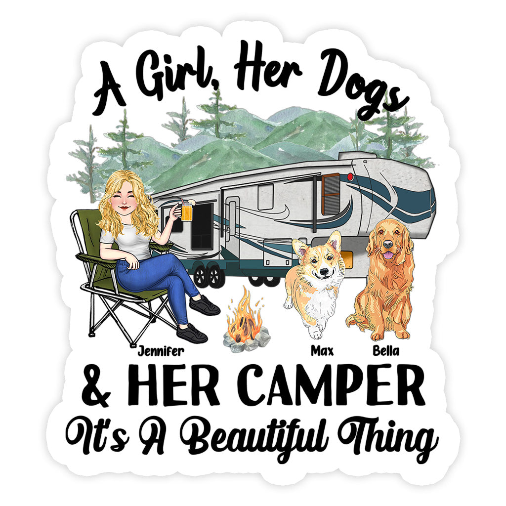 A Girl Her Dog And Her Camper - Personalized Camping Decal Full