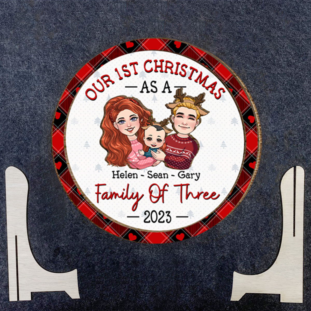 1St Christmas As Family Of Three - Gift for Newborn - Personalized 2 Layered Wood Sign / Wood Plaque