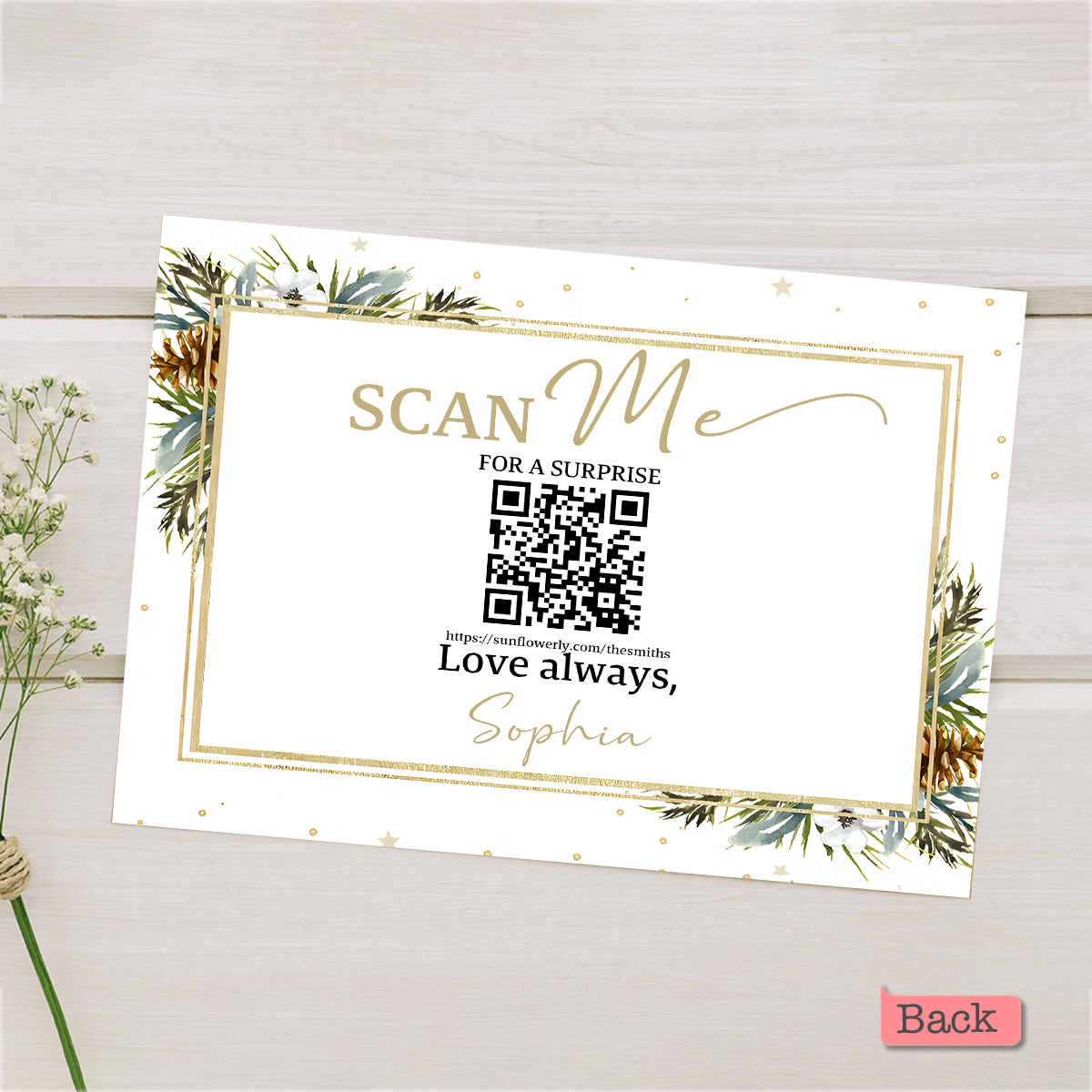 Merry Christmas Acorn & Leaves - Personalized QR Greeting Card