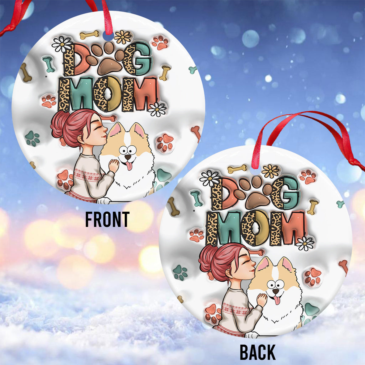 Dog Mom Cat Mom Inflated - Gift for dog lovers, cat lover - Personalized Ceramic Circle Ornament