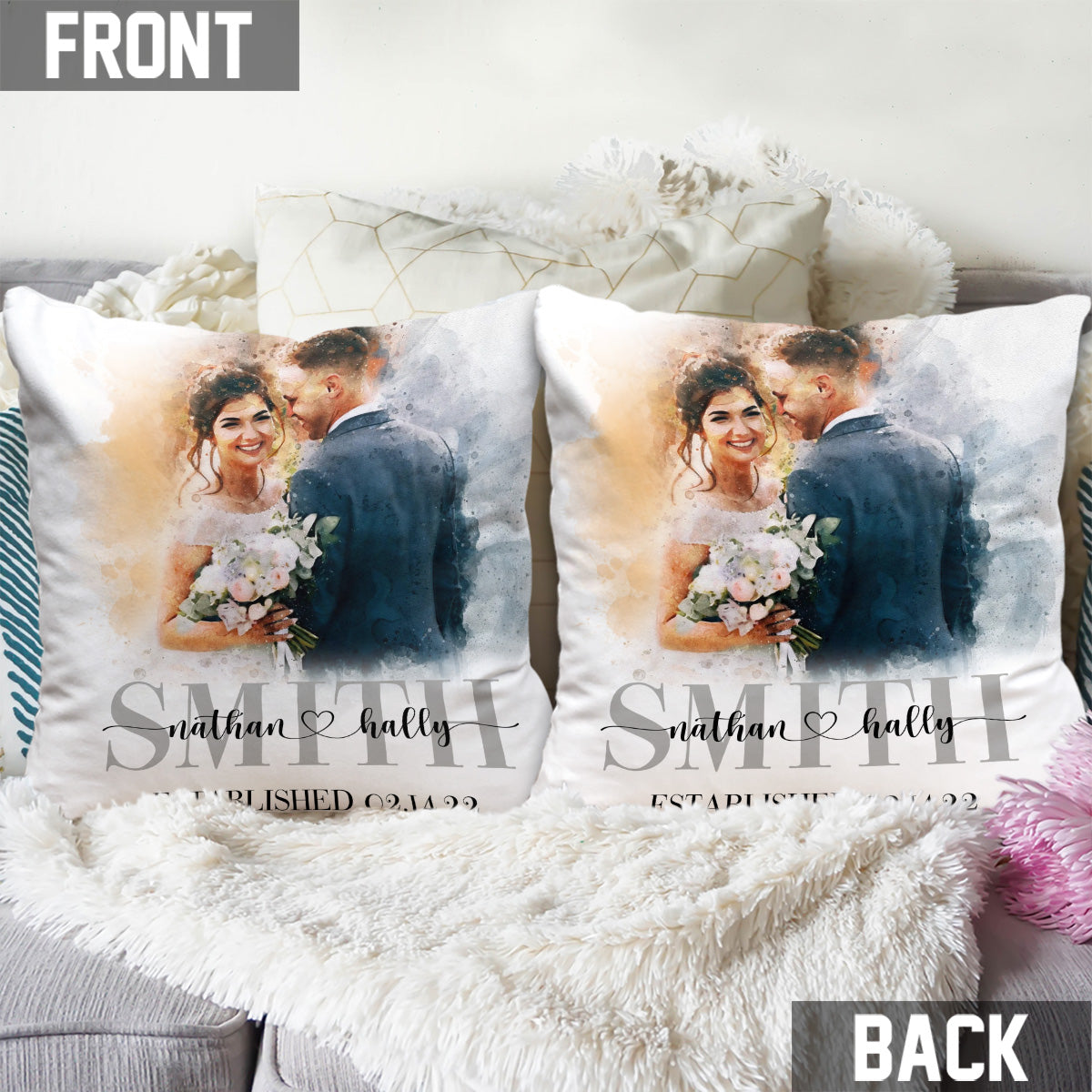 Custom Watercolor Painting Wedding Gift - Personalized wedding Throw Pillow