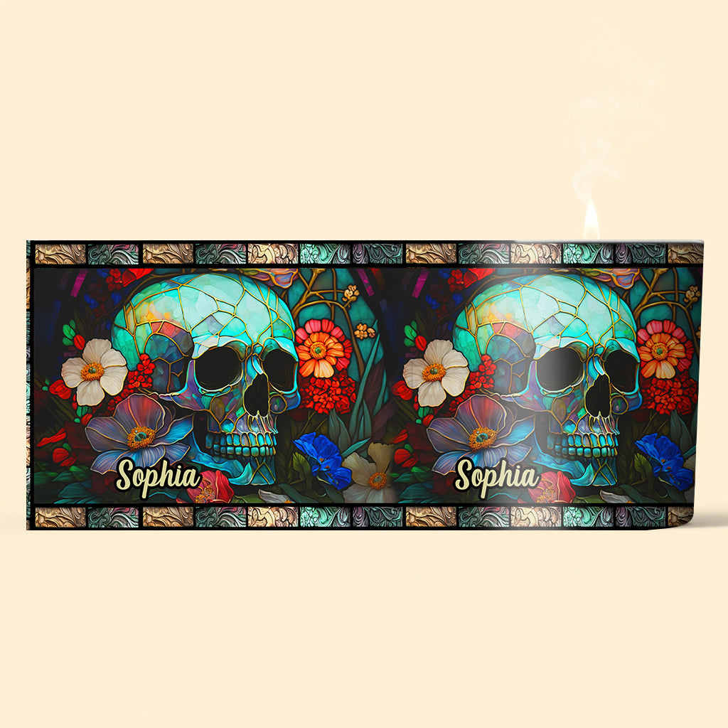 Floral Skull - Personalized Skull Candle With Wooden Lid