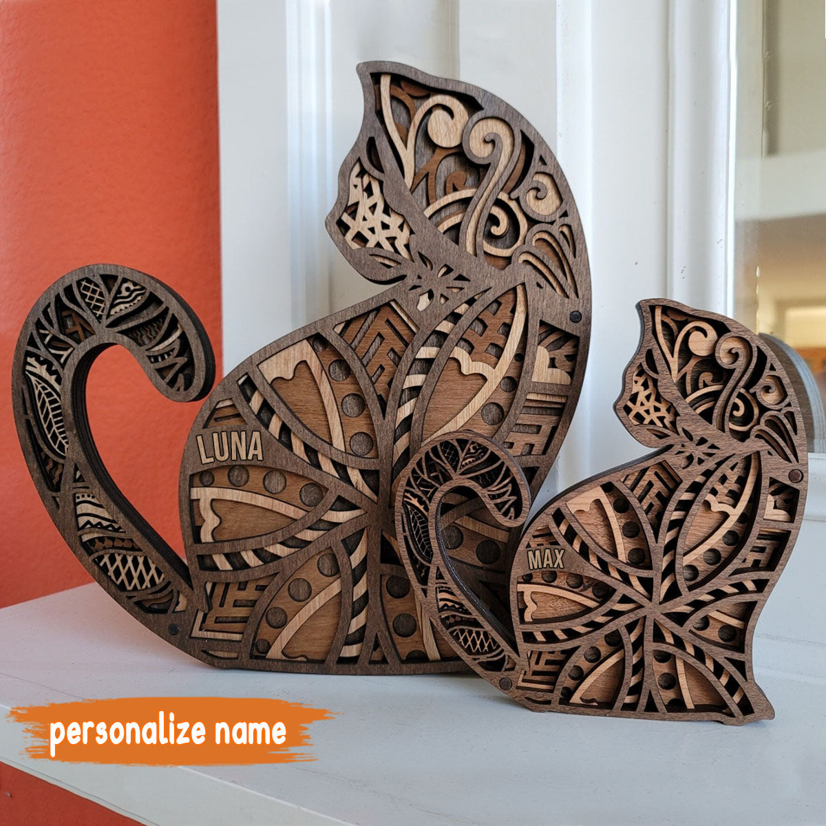 Personalized Handcrafted Wooden Cat Sculpture - Personalized Cat 4 Layer Wooden Art