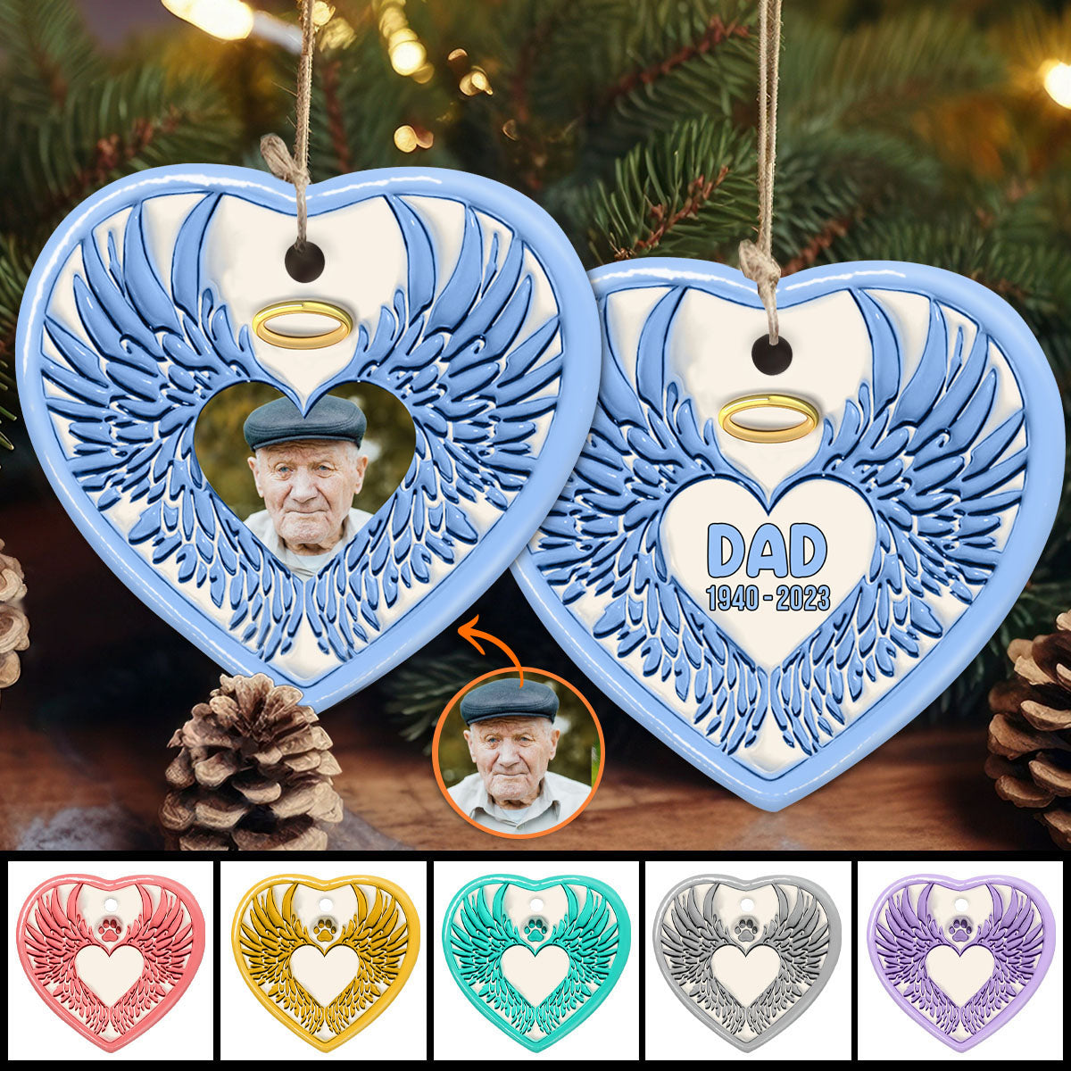 I'm Always With You Angel Wings - Memorial gift for loss of dad - Personalized Ceramic Heart Ornament