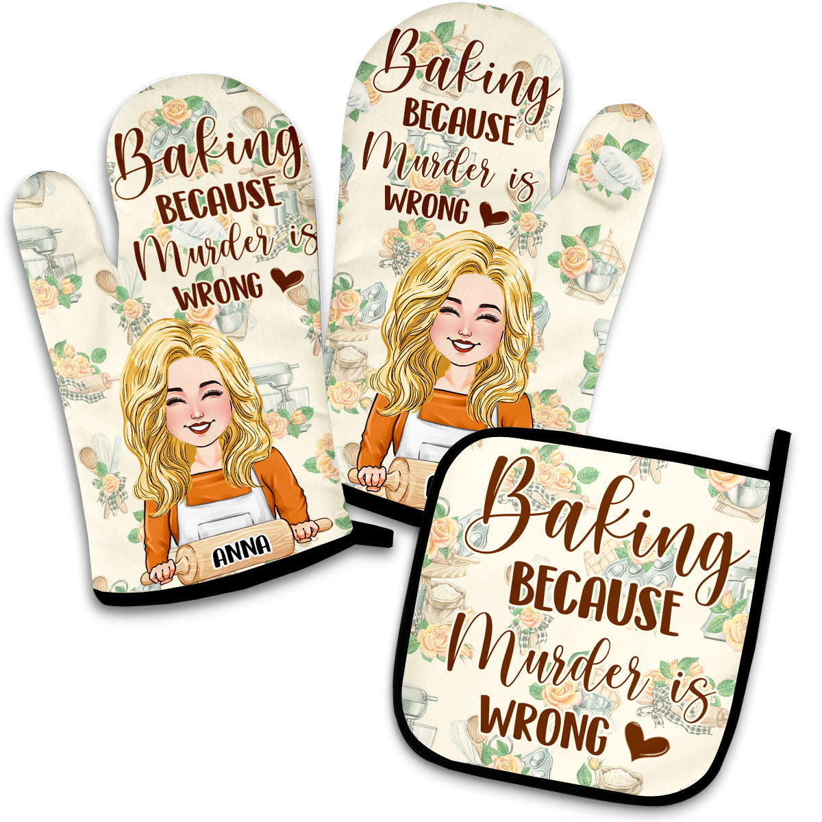 Baking Because Murder Is Wrong - Personalized Baking Oven Mitts & Pot Holder Set