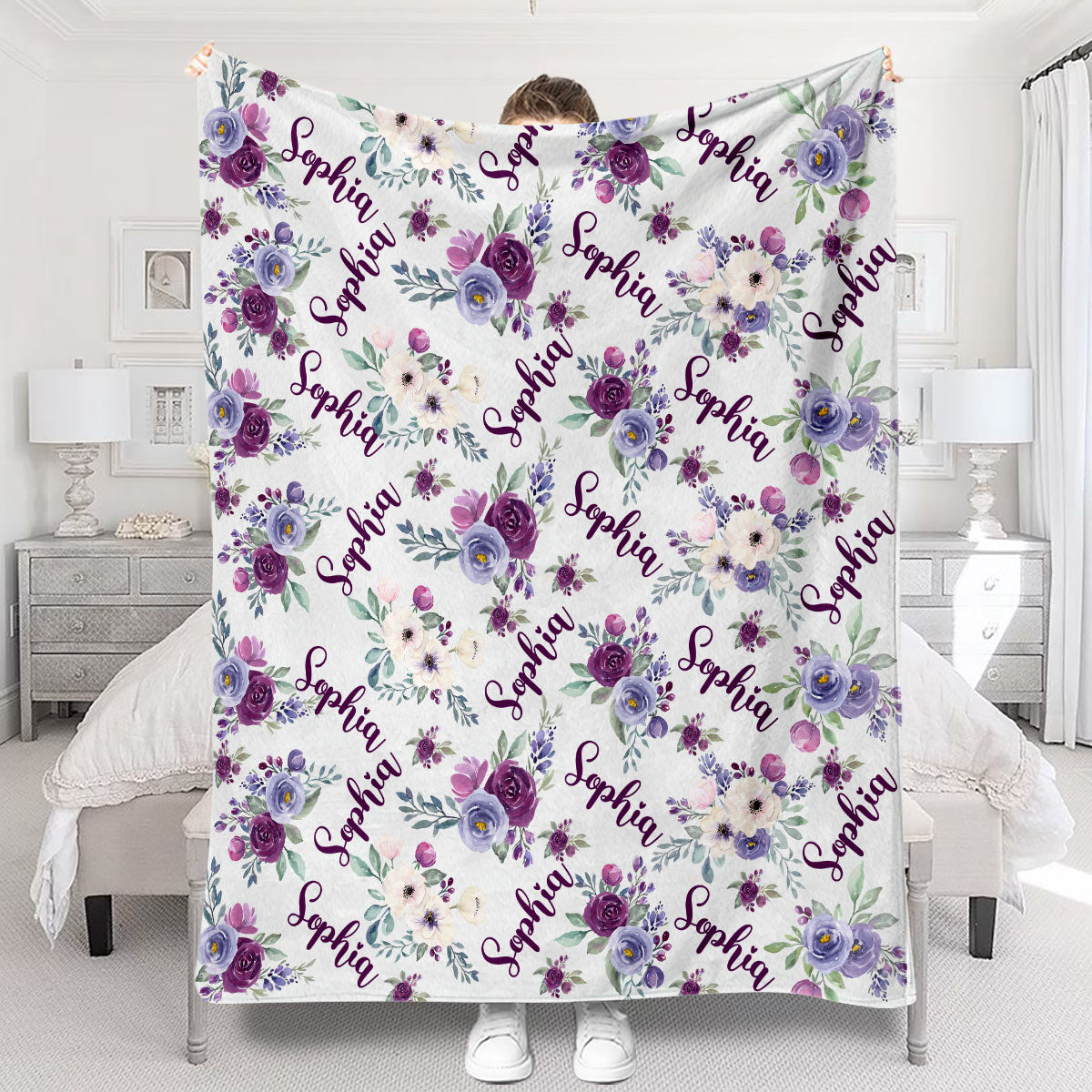 Custom Name Purple Flowers - Personalized Grandma Blanket