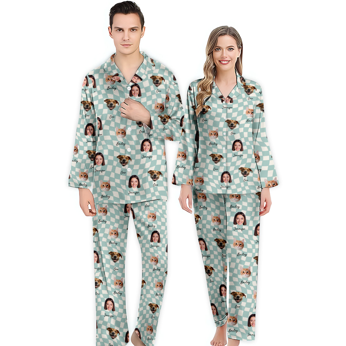 Any Photo Upload On Plaid Pattern With Many Background Color - Personalized Cat Button Down Pajamas