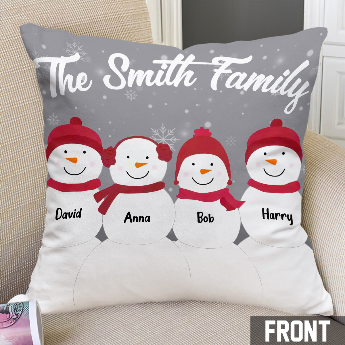 Snowman Family - Personalized Family Throw Pillow