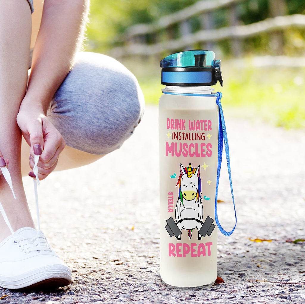 Drink Water Install Muscles Repeat - Personalized Fitness Water Tracker Bottle