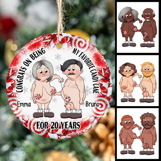 Congrats On Being My Favorite Candy Cane - Personalized Husband And Wife Ceramic Circle Ornament