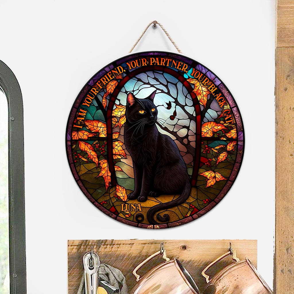 Black Cat - Personalized Black Cat Round Wood Sign