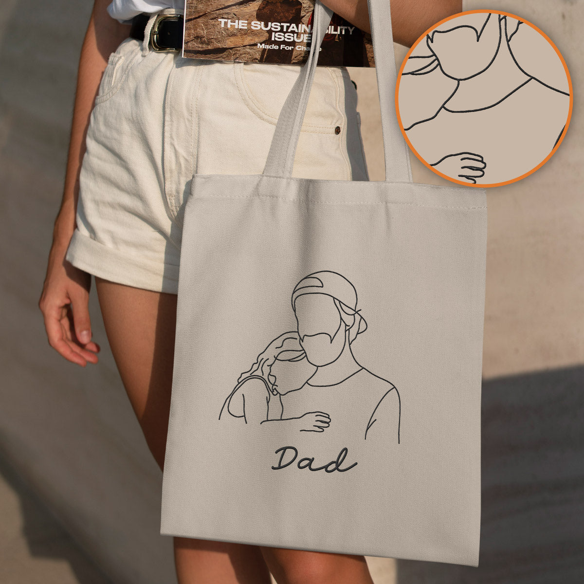 Custom Photo Line Art - Personalized Step Dad Embroidered Tote Bag
